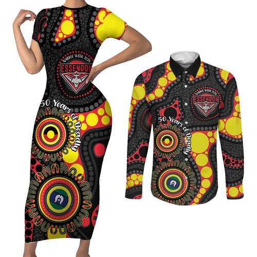 Essendon Bombers NAIDOC Week 2026 Personalised Couples Matching Short Sleeve Bodycon Dress and Long Sleeve Button Shirt 50 Years of Deadly Aboriginal Art