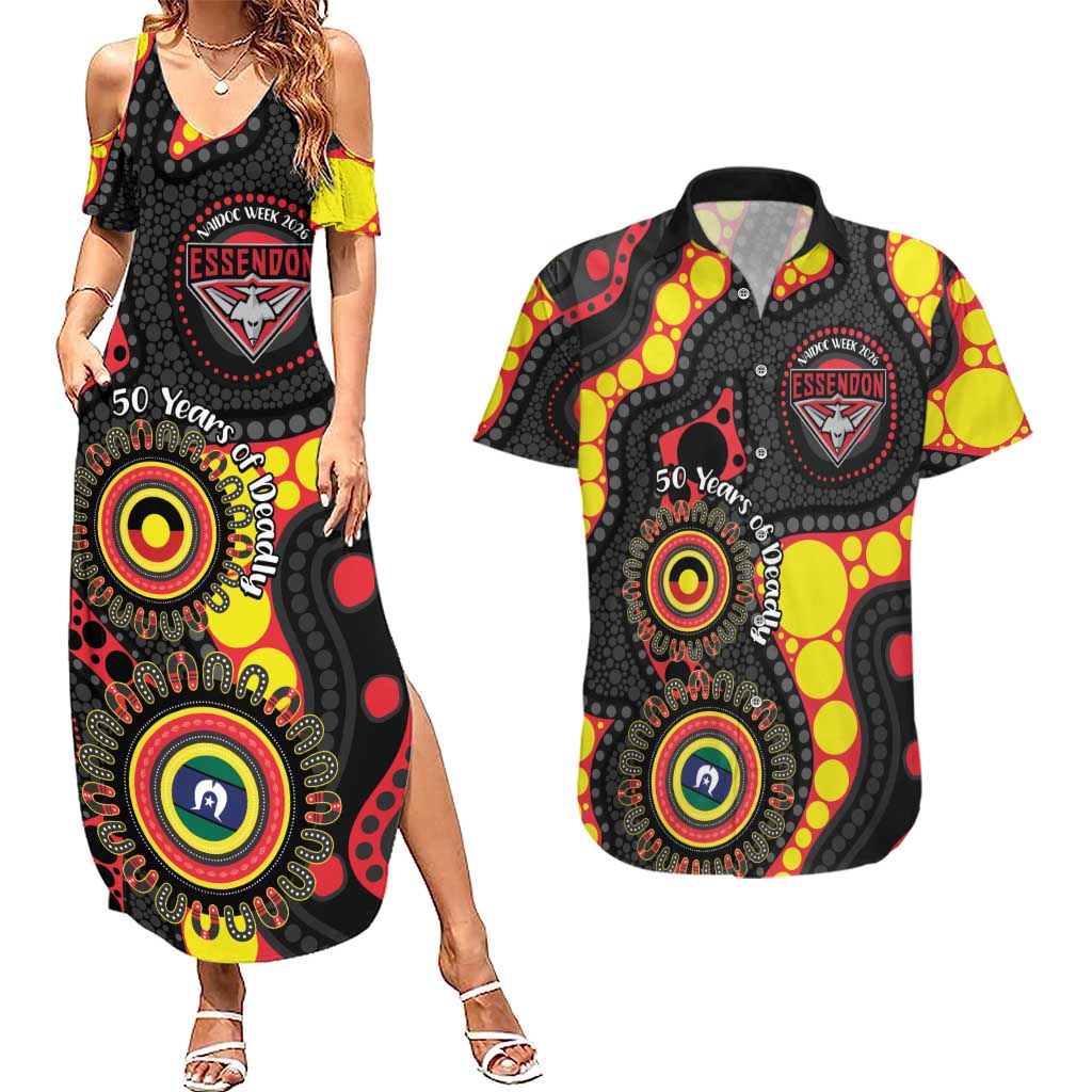 Essendon Bombers NAIDOC Week 2026 Personalised Couples Matching Summer Maxi Dress and Hawaiian Shirt 50 Years of Deadly Aboriginal Art