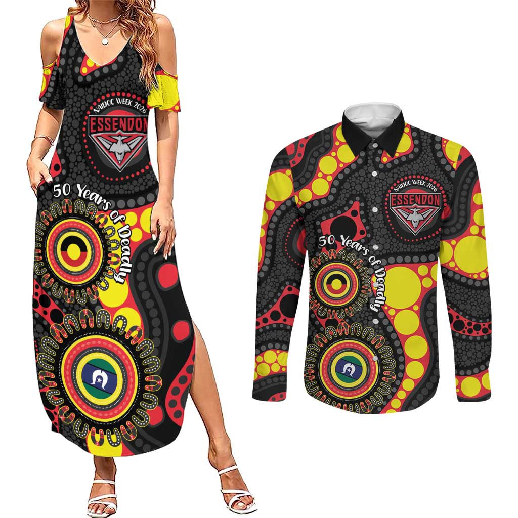 Essendon Bombers NAIDOC Week 2026 Personalised Couples Matching Summer Maxi Dress and Long Sleeve Button Shirt 50 Years of Deadly Aboriginal Art
