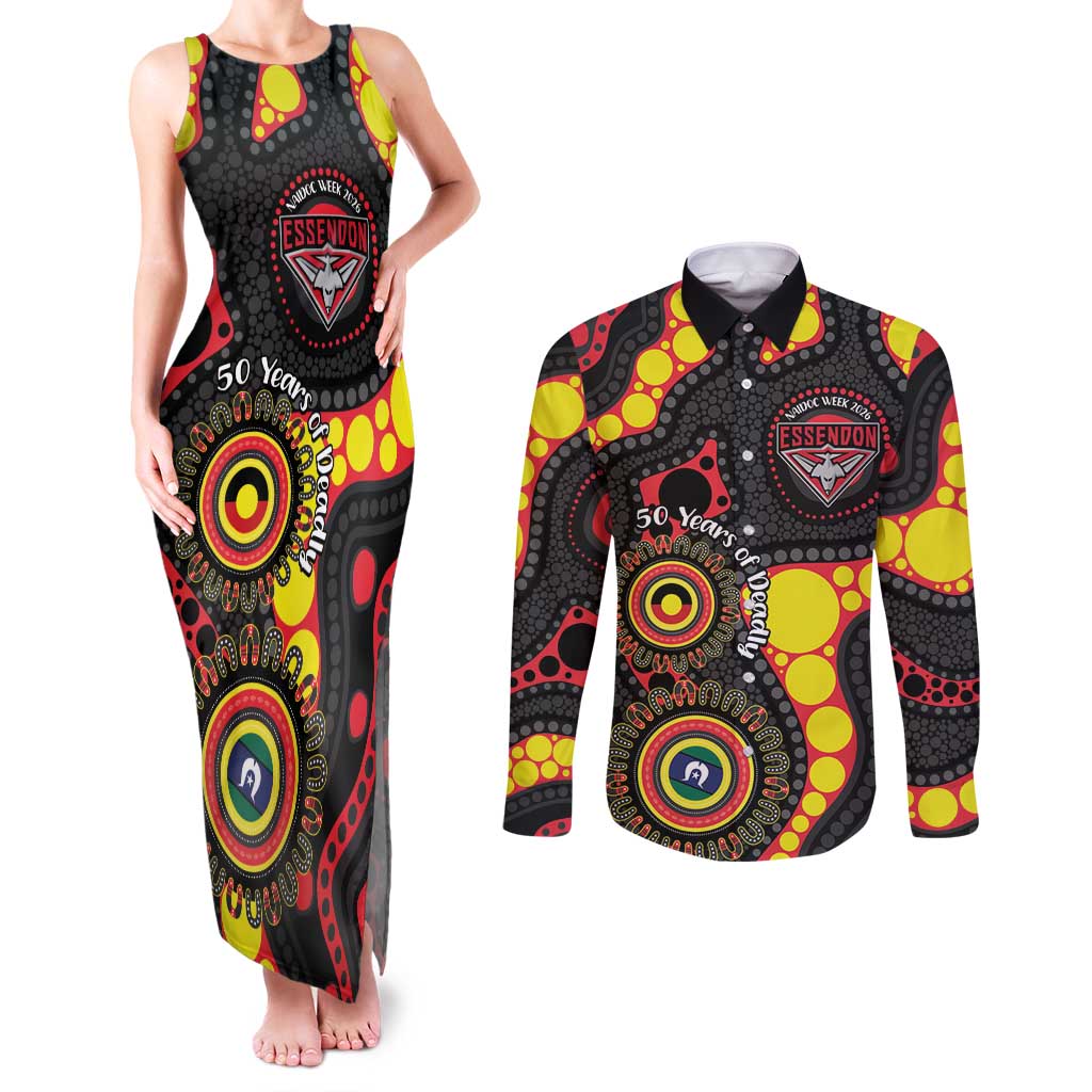 Essendon Bombers NAIDOC Week 2026 Personalised Couples Matching Tank Maxi Dress and Long Sleeve Button Shirt 50 Years of Deadly Aboriginal Art