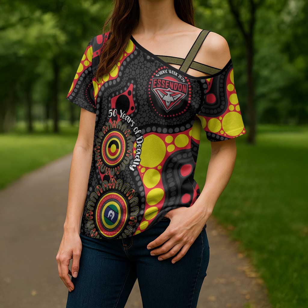 Essendon Bombers NAIDOC Week 2026 Personalised Cross Shoulder Shirt 50 Years of Deadly Aboriginal Art