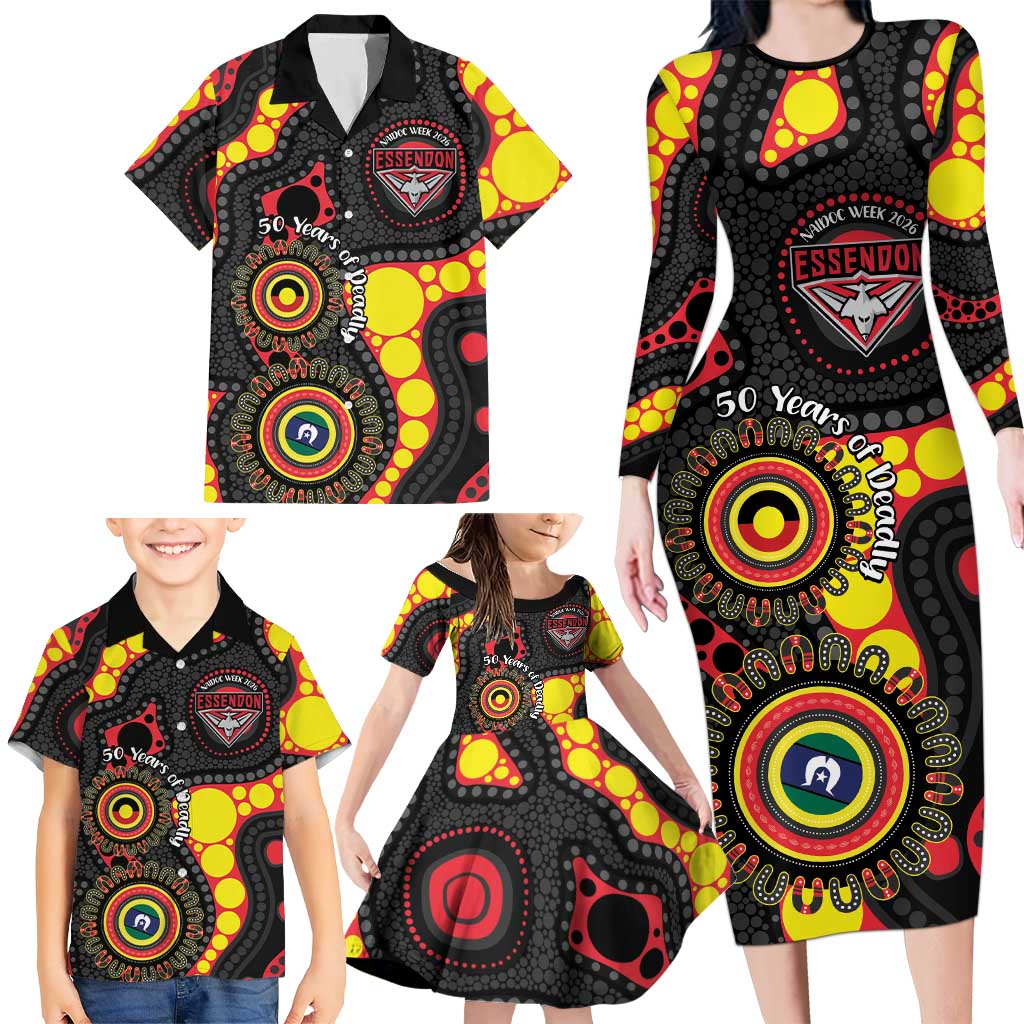 Essendon Bombers NAIDOC Week 2026 Personalised Family Matching Long Sleeve Bodycon Dress and Hawaiian Shirt 50 Years of Deadly Aboriginal Art