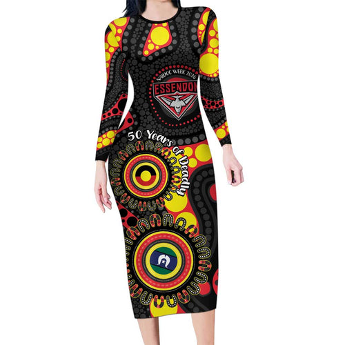 Essendon Bombers NAIDOC Week 2026 Personalised Family Matching Long Sleeve Bodycon Dress and Hawaiian Shirt 50 Years of Deadly Aboriginal Art