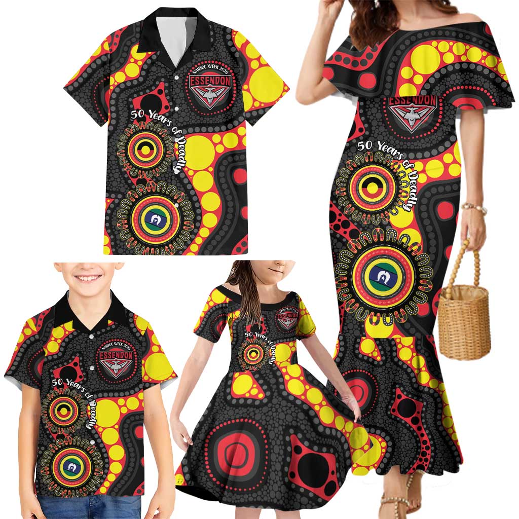 Essendon Bombers NAIDOC Week 2026 Personalised Family Matching Mermaid Dress and Hawaiian Shirt 50 Years of Deadly Aboriginal Art