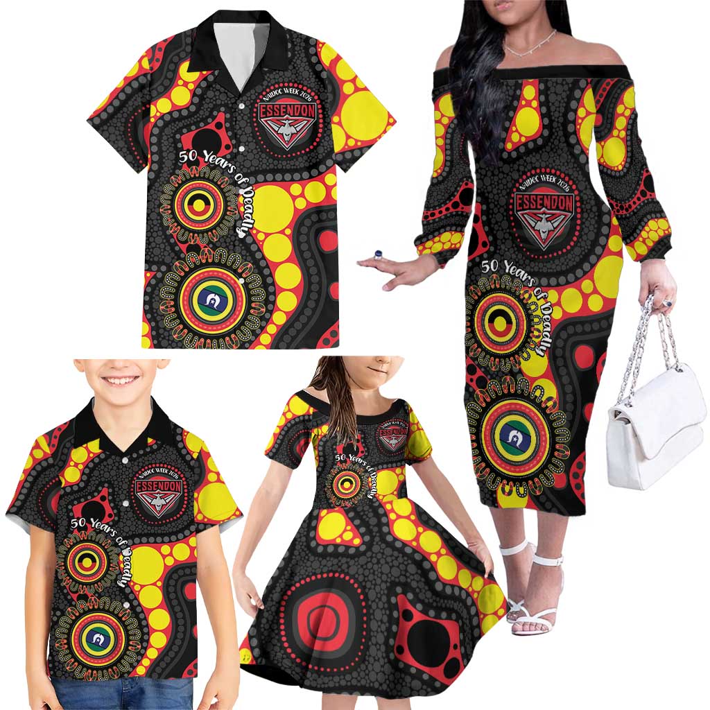 Essendon Bombers NAIDOC Week 2026 Personalised Family Matching Off The Shoulder Long Sleeve Dress and Hawaiian Shirt 50 Years of Deadly Aboriginal Art