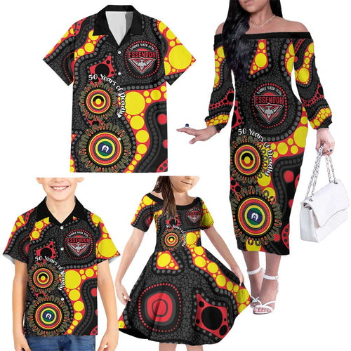 Essendon Bombers NAIDOC Week 2026 Personalised Family Matching Off The Shoulder Long Sleeve Dress and Hawaiian Shirt 50 Years of Deadly Aboriginal Art