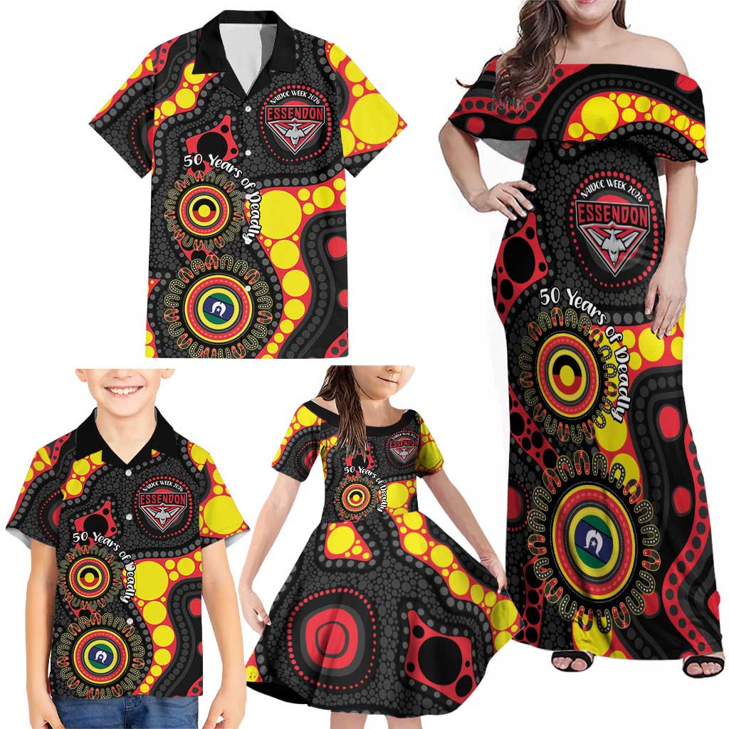 Essendon Bombers NAIDOC Week 2026 Personalised Family Matching Off Shoulder Maxi Dress and Hawaiian Shirt 50 Years of Deadly Aboriginal Art