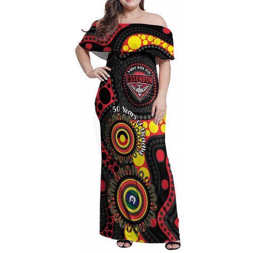 Essendon Bombers NAIDOC Week 2026 Personalised Family Matching Off Shoulder Maxi Dress and Hawaiian Shirt 50 Years of Deadly Aboriginal Art