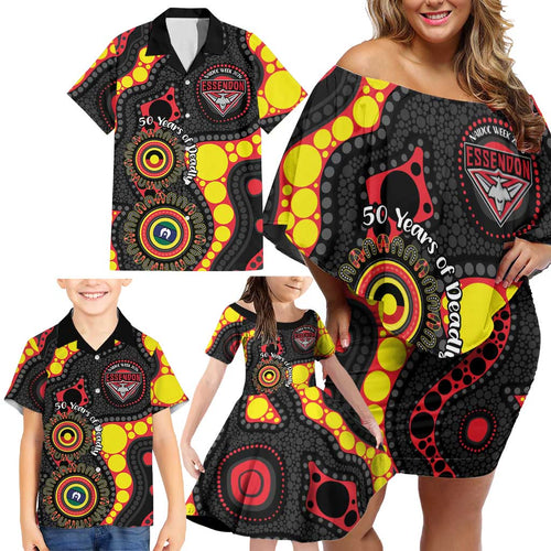 Essendon Bombers NAIDOC Week 2026 Personalised Family Matching Off Shoulder Short Dress and Hawaiian Shirt 50 Years of Deadly Aboriginal Art