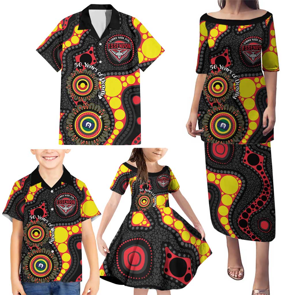 Essendon Bombers NAIDOC Week 2026 Personalised Family Matching Puletasi and Hawaiian Shirt 50 Years of Deadly Aboriginal Art