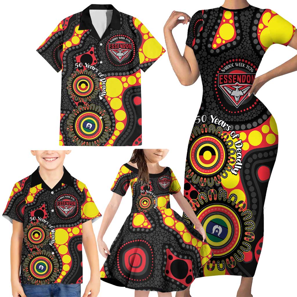 Essendon Bombers NAIDOC Week 2026 Personalised Family Matching Short Sleeve Bodycon Dress and Hawaiian Shirt 50 Years of Deadly Aboriginal Art