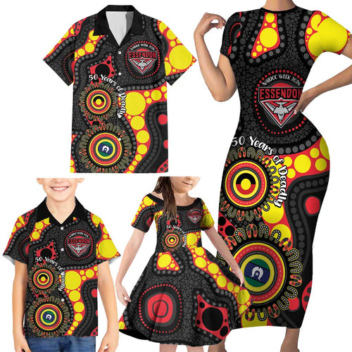Essendon Bombers NAIDOC Week 2026 Personalised Family Matching Short Sleeve Bodycon Dress and Hawaiian Shirt 50 Years of Deadly Aboriginal Art