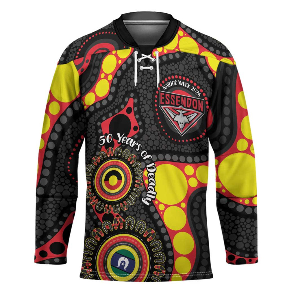 Essendon Bombers NAIDOC Week 2026 Personalised Hockey Jersey 50 Years of Deadly Aboriginal Art