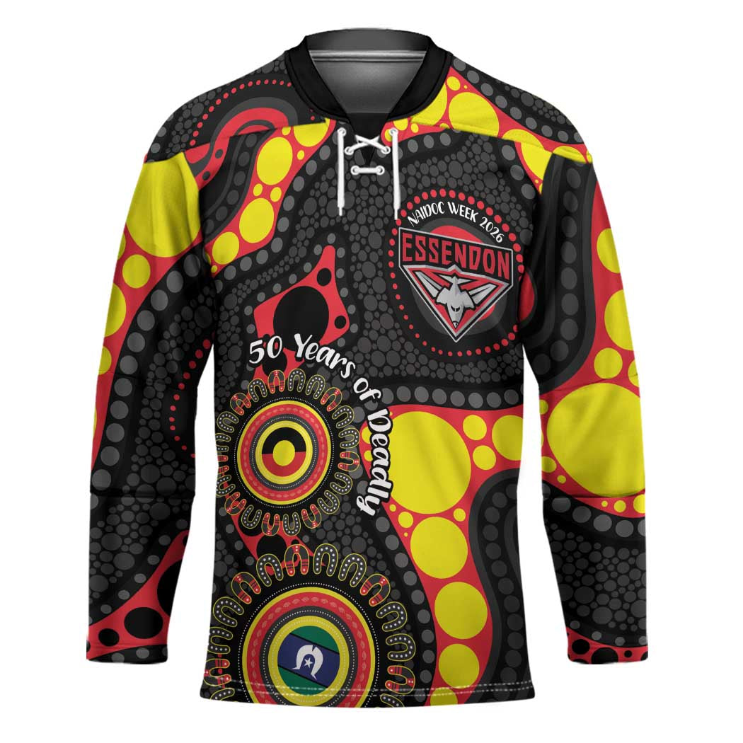 Essendon Bombers NAIDOC Week 2026 Personalised Hockey Jersey 50 Years of Deadly Aboriginal Art