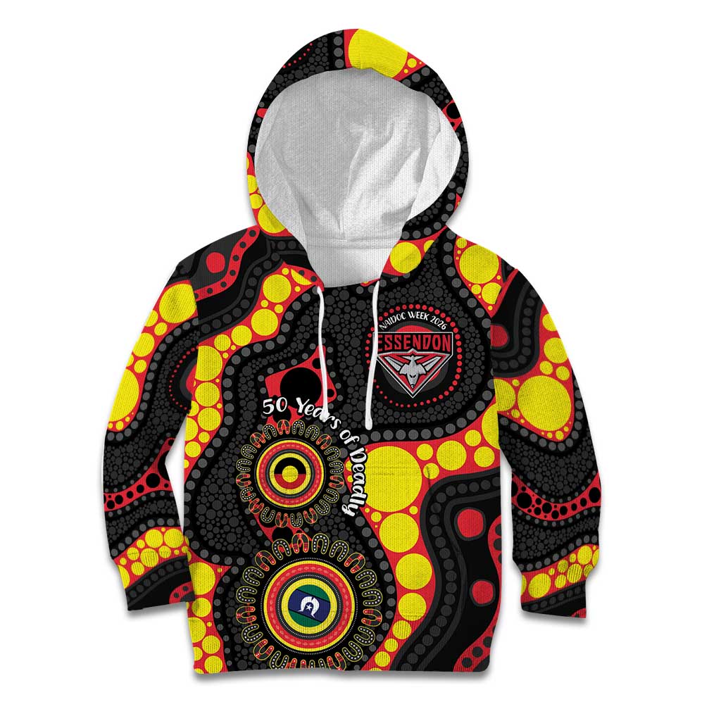 Essendon Bombers NAIDOC Week 2026 Personalised Kid Hoodie 50 Years of Deadly Aboriginal Art