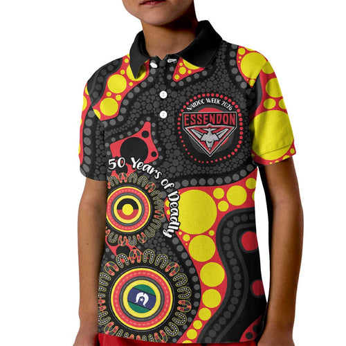 Essendon Bombers NAIDOC Week 2026 Personalised Kid Polo Shirt 50 Years of Deadly Aboriginal Art