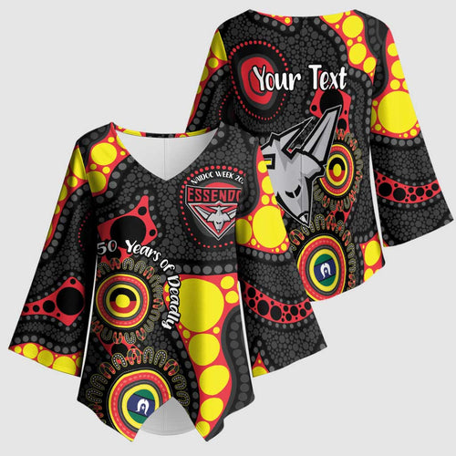 Essendon Bombers NAIDOC Week 2026 Personalised Kimono Sleeve Blouse 50 Years of Deadly Aboriginal Art