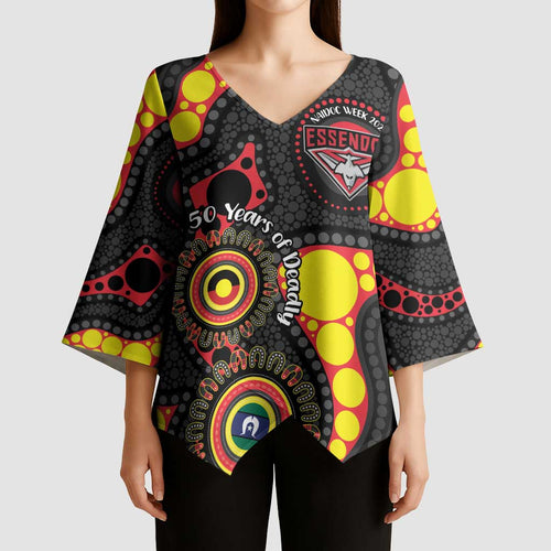 Essendon Bombers NAIDOC Week 2026 Personalised Kimono Sleeve Blouse 50 Years of Deadly Aboriginal Art
