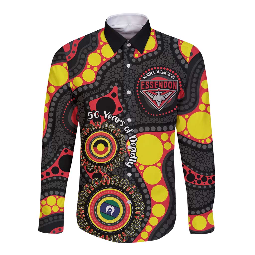 Essendon Bombers NAIDOC Week 2026 Personalised Long Sleeve Button Shirt 50 Years of Deadly Aboriginal Art