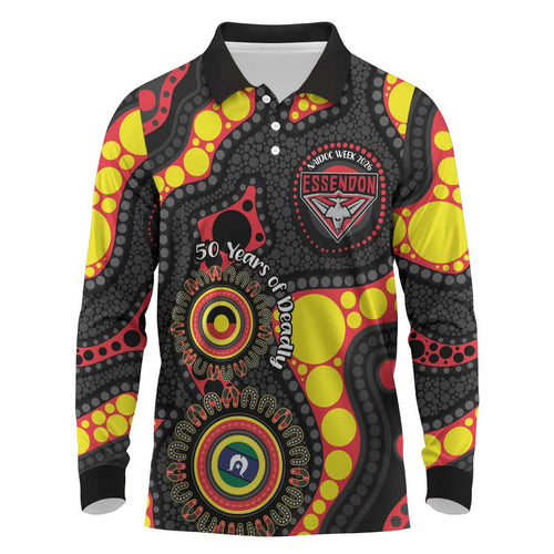 Essendon Bombers NAIDOC Week 2026 Personalised Long Sleeve Polo Shirt 50 Years of Deadly Aboriginal Art