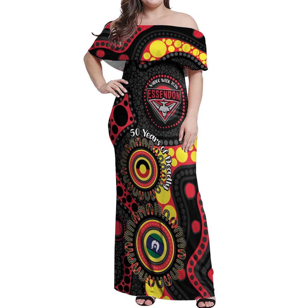Essendon Bombers NAIDOC Week 2026 Personalised Off Shoulder Maxi Dress 50 Years of Deadly Aboriginal Art
