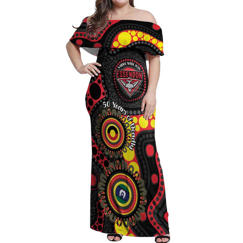 Essendon Bombers NAIDOC Week 2026 Personalised Off Shoulder Maxi Dress 50 Years of Deadly Aboriginal Art