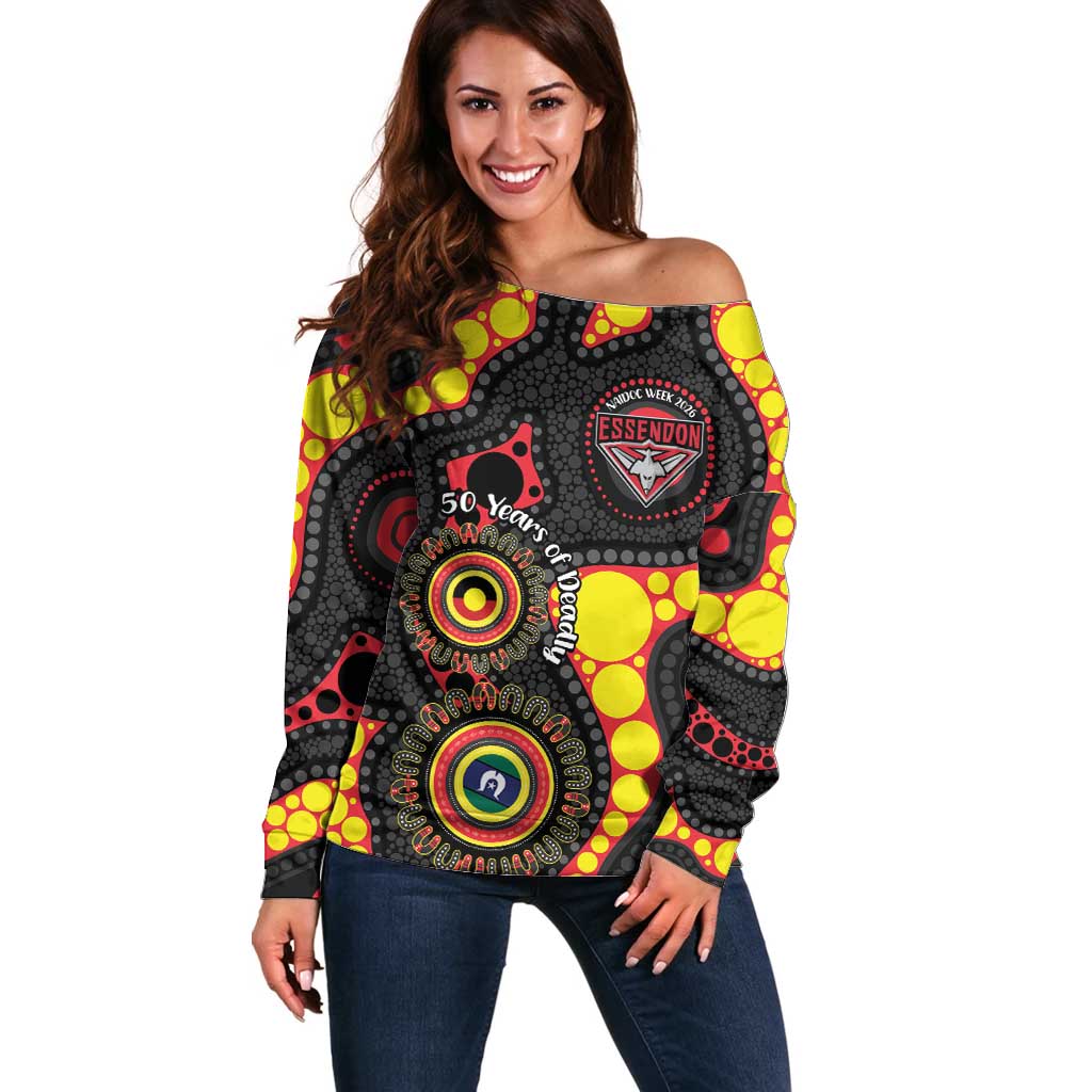 Essendon Bombers NAIDOC Week 2026 Personalised Off Shoulder Sweater 50 Years of Deadly Aboriginal Art
