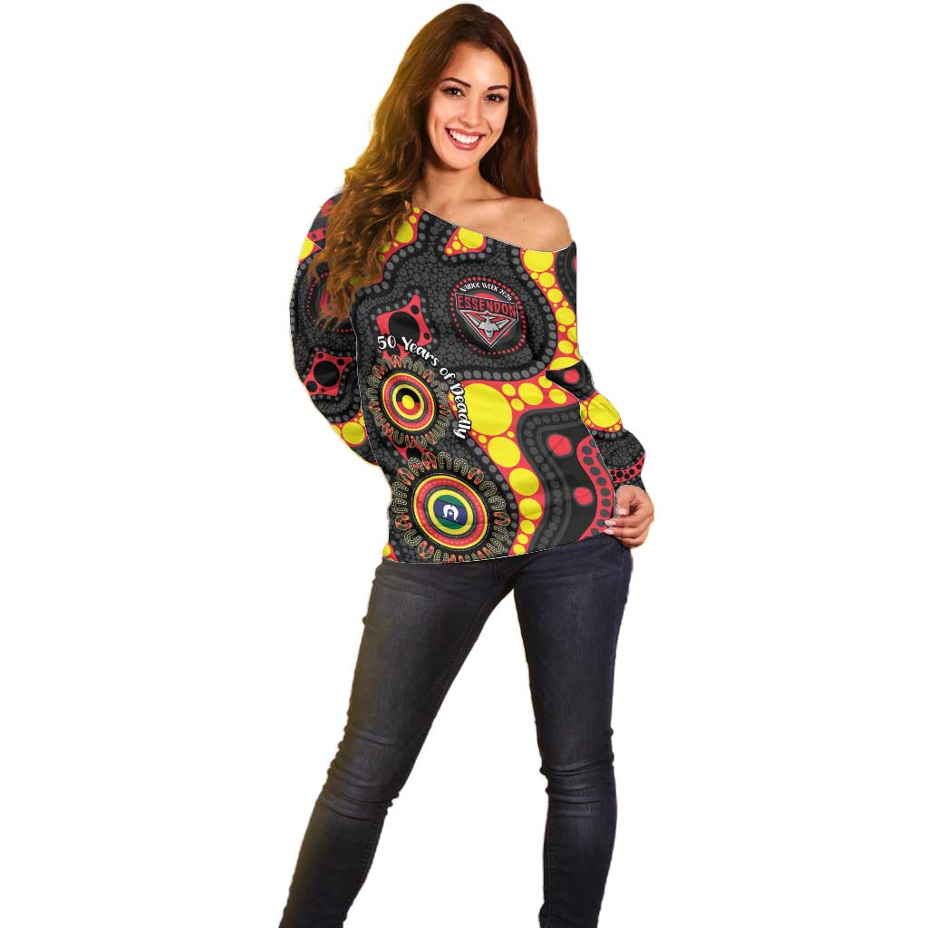 Essendon Bombers NAIDOC Week 2026 Personalised Off Shoulder Sweater 50 Years of Deadly Aboriginal Art