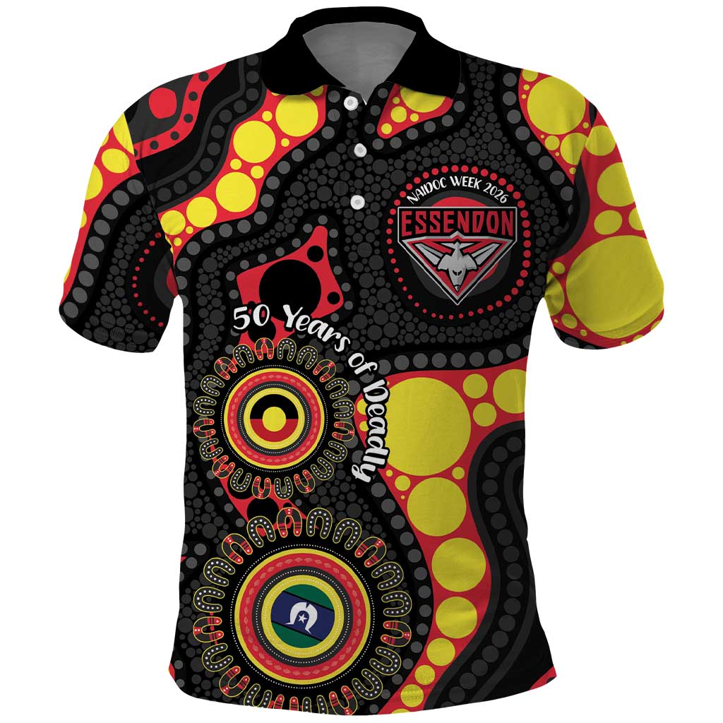 Essendon Bombers NAIDOC Week 2026 Personalised Polo Shirt 50 Years of Deadly Aboriginal Art
