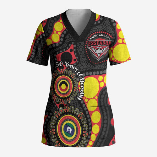 Essendon Bombers NAIDOC Week 2026 Personalised Scrub Top 50 Years of Deadly Aboriginal Art