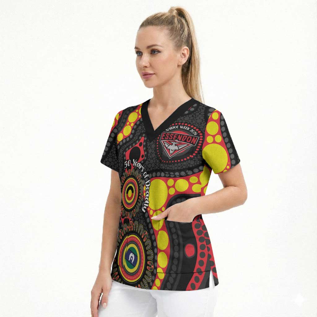 Essendon Bombers NAIDOC Week 2026 Personalised Scrub Top 50 Years of Deadly Aboriginal Art