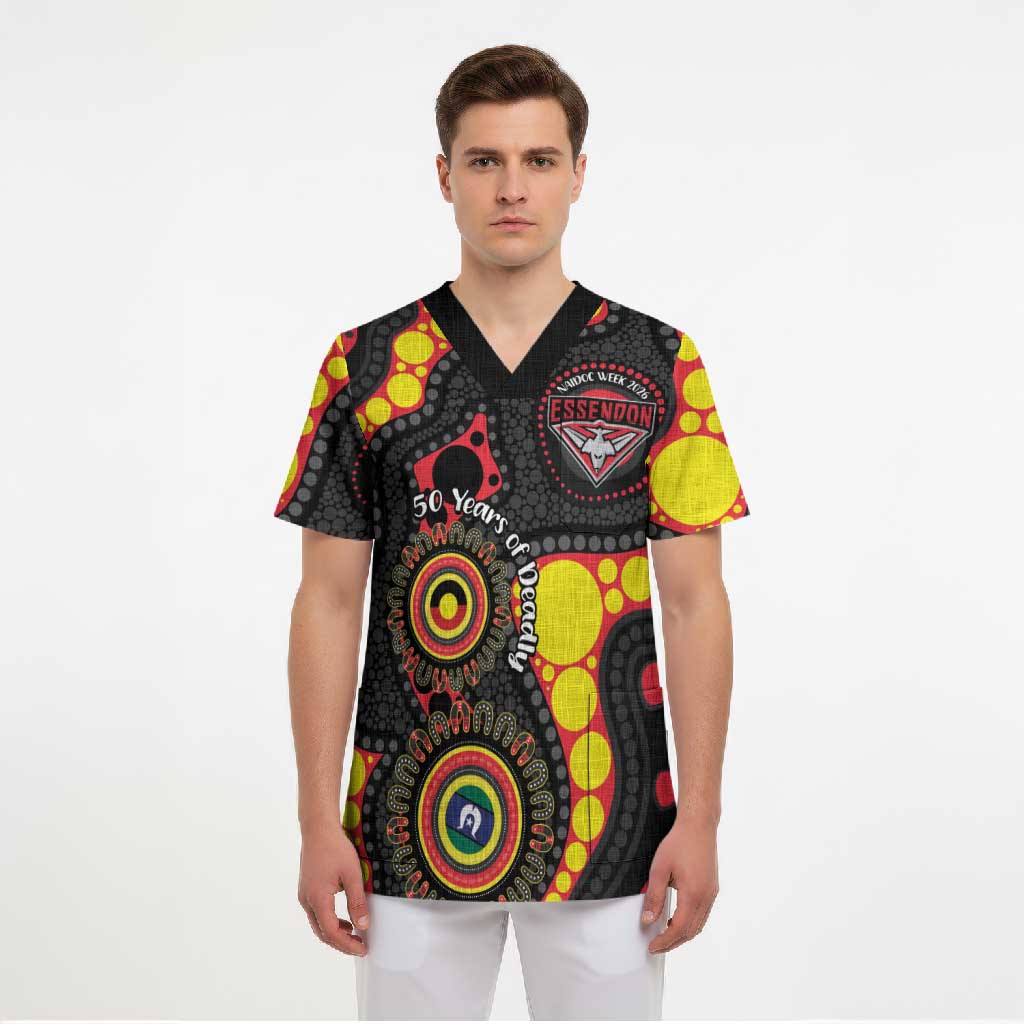 Essendon Bombers NAIDOC Week 2026 Personalised Scrub Top 50 Years of Deadly Aboriginal Art