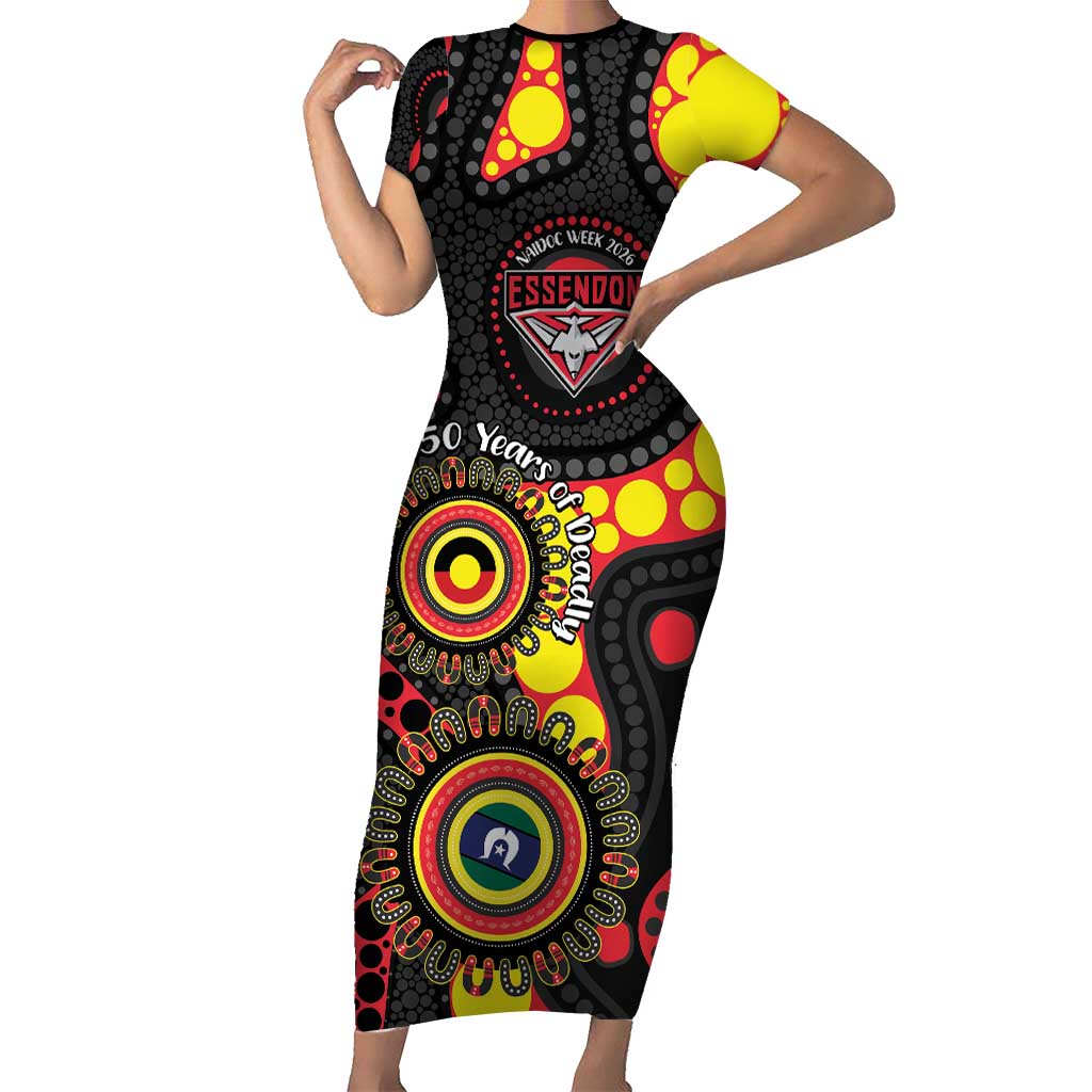 Essendon Bombers NAIDOC Week 2026 Personalised Short Sleeve Bodycon Dress 50 Years of Deadly Aboriginal Art