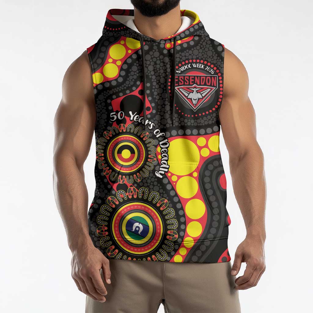 Essendon Bombers NAIDOC Week 2026 Personalised Sleeveless Hoodie 50 Years of Deadly Aboriginal Art