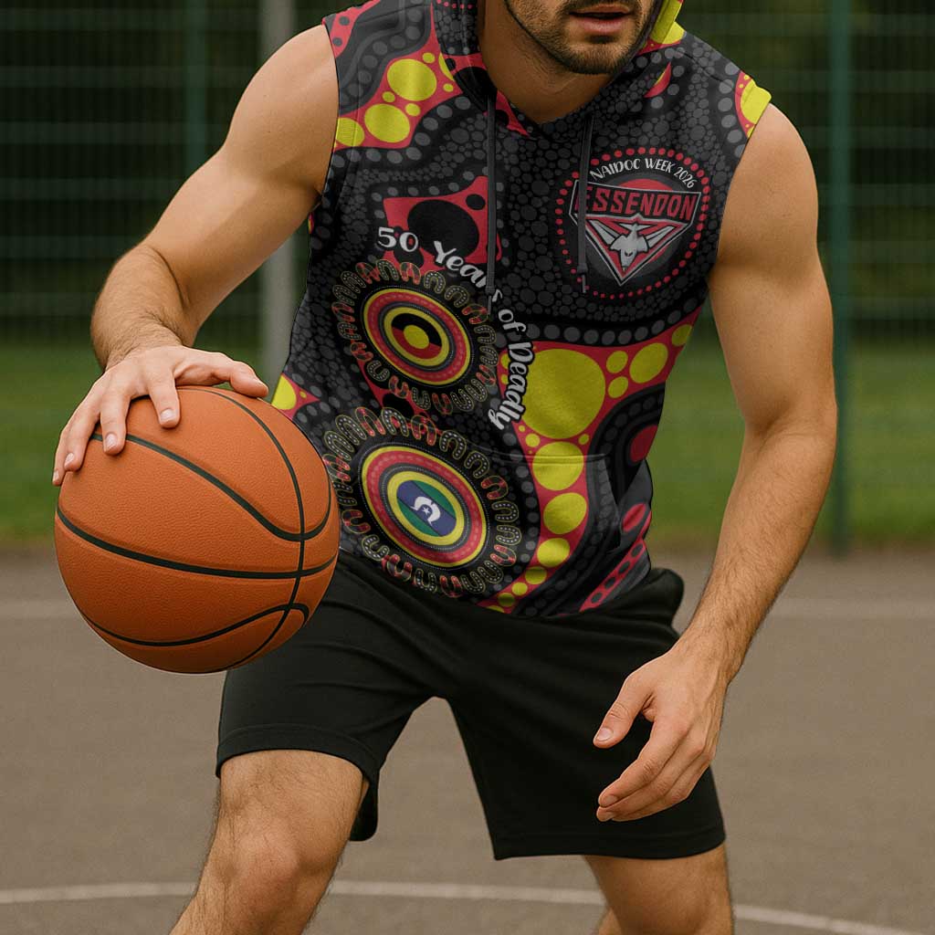 Essendon Bombers NAIDOC Week 2026 Personalised Sleeveless Hoodie 50 Years of Deadly Aboriginal Art