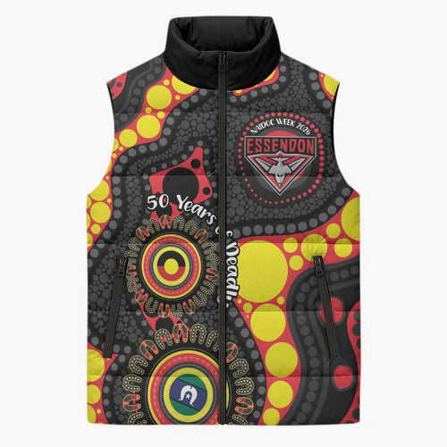 Essendon Bombers NAIDOC Week 2026 Personalised Sleeveless Puffer Jacket 50 Years of Deadly Aboriginal Art