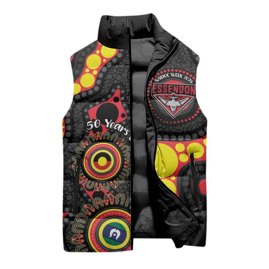 Essendon Bombers NAIDOC Week 2026 Personalised Sleeveless Puffer Jacket 50 Years of Deadly Aboriginal Art