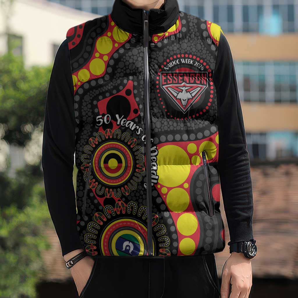 Essendon Bombers NAIDOC Week 2026 Personalised Sleeveless Puffer Jacket 50 Years of Deadly Aboriginal Art