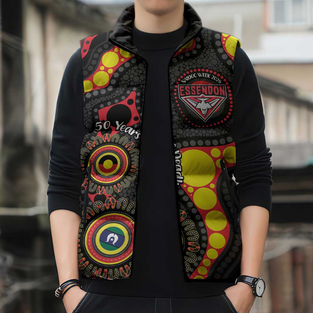 Essendon Bombers NAIDOC Week 2026 Personalised Sleeveless Puffer Jacket 50 Years of Deadly Aboriginal Art