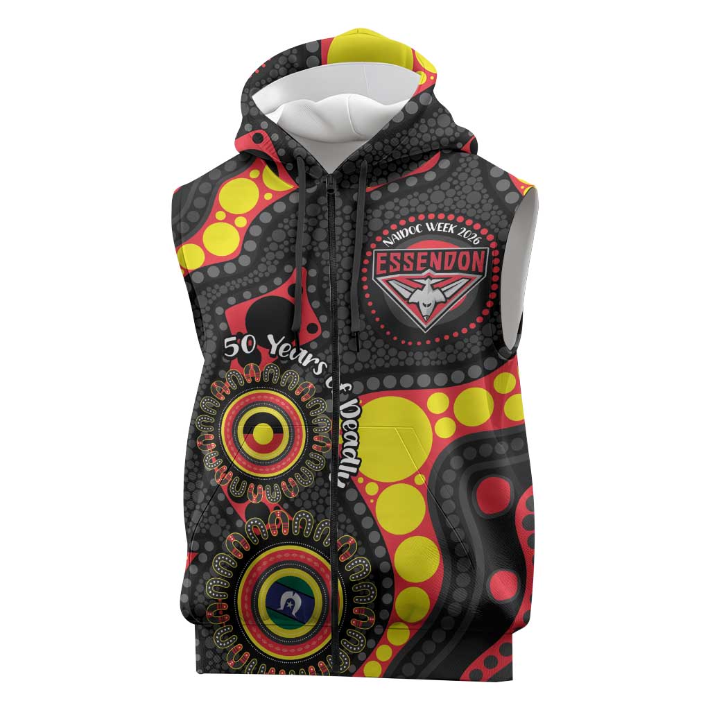 Essendon Bombers NAIDOC Week 2026 Personalised Sleeveless Zip Hoodie 50 Years of Deadly Aboriginal Art