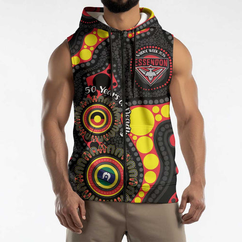 Essendon Bombers NAIDOC Week 2026 Personalised Sleeveless Zip Hoodie 50 Years of Deadly Aboriginal Art