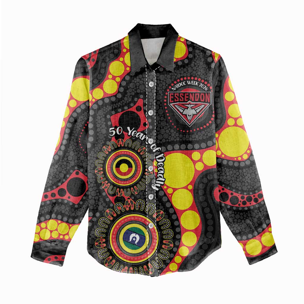 Essendon Bombers NAIDOC Week 2026 Personalised Women Casual Shirt 50 Years of Deadly Aboriginal Art
