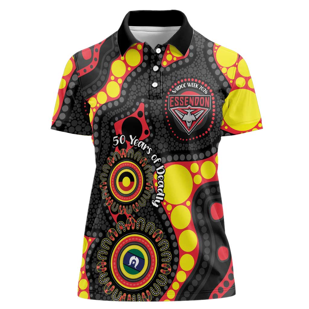 Essendon Bombers NAIDOC Week 2026 Personalised Women Polo Shirt 50 Years of Deadly Aboriginal Art