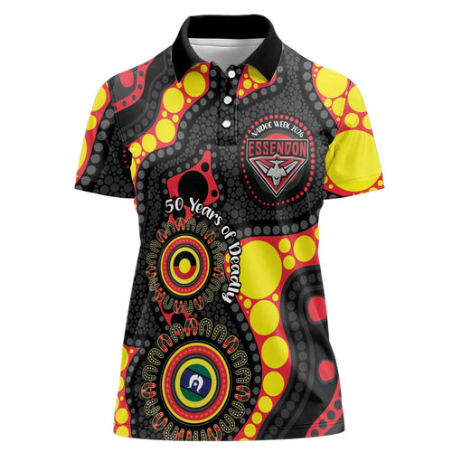 Essendon Bombers NAIDOC Week 2026 Personalised Women Polo Shirt 50 Years of Deadly Aboriginal Art