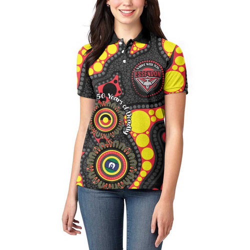 Essendon Bombers NAIDOC Week 2026 Personalised Women Polo Shirt 50 Years of Deadly Aboriginal Art