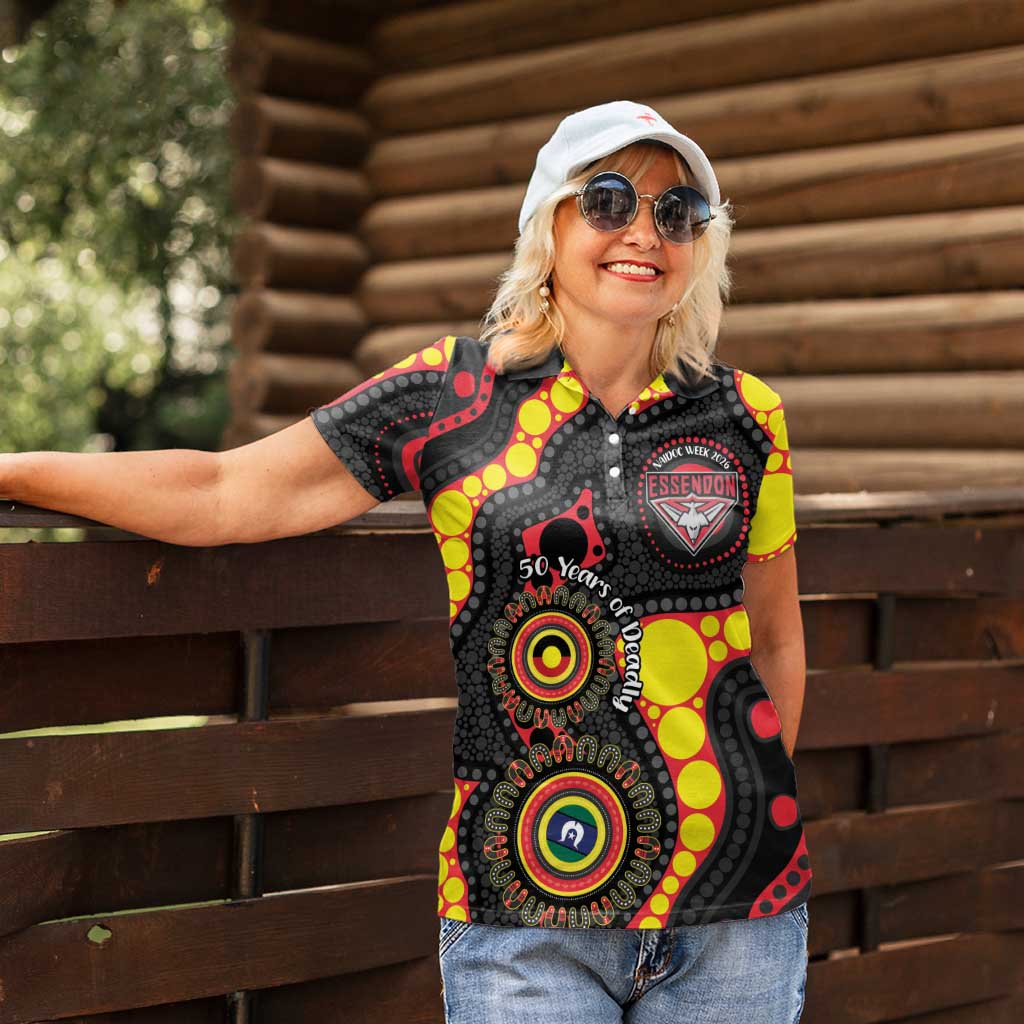 Essendon Bombers NAIDOC Week 2026 Personalised Women Polo Shirt 50 Years of Deadly Aboriginal Art