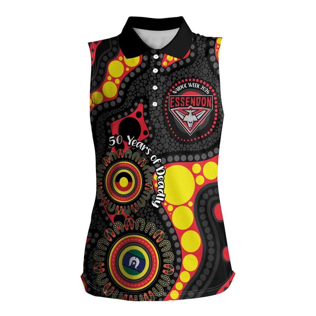 Essendon Bombers NAIDOC Week 2026 Personalised Women Sleeveless Polo Shirt 50 Years of Deadly Aboriginal Art