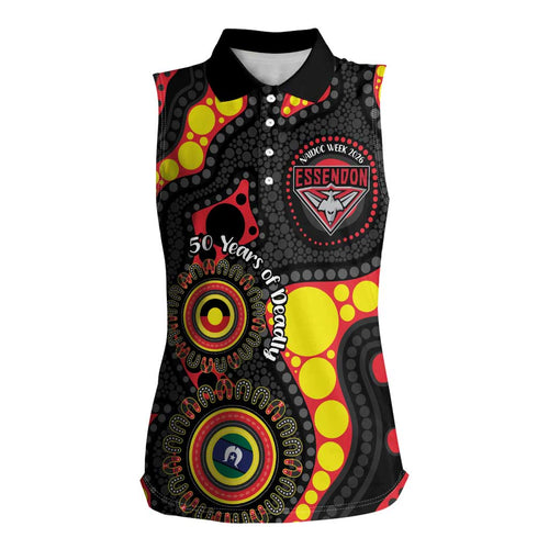 Essendon Bombers NAIDOC Week 2026 Personalised Women Sleeveless Polo Shirt 50 Years of Deadly Aboriginal Art