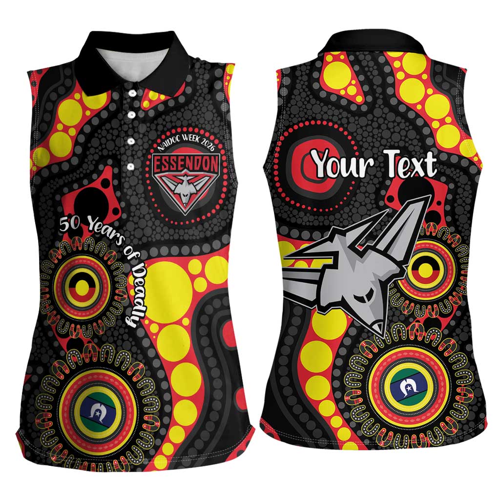 Essendon Bombers NAIDOC Week 2026 Personalised Women Sleeveless Polo Shirt 50 Years of Deadly Aboriginal Art