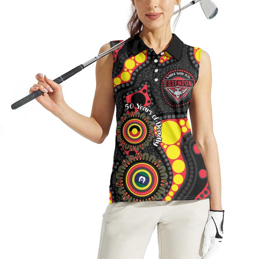 Essendon Bombers NAIDOC Week 2026 Personalised Women Sleeveless Polo Shirt 50 Years of Deadly Aboriginal Art